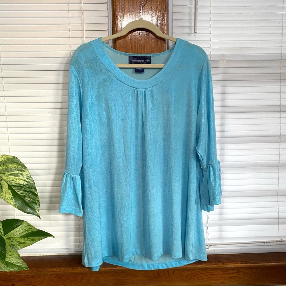 SUSAN GRAVER Women's Plus Size 1X Metallic Blue Bell Sleeve Top Stretch